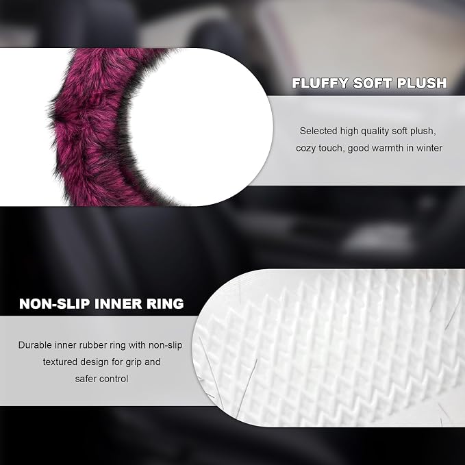 Fluffy Steering Wheel Cover, 15 Inch Anti-Slip Microfiber Plush Fuzzy Steering Wheel Cover, Winter Warm Elastic Fuzzy Steering Wheel Covers for Women and Men, Car Accessories (Rose Red)