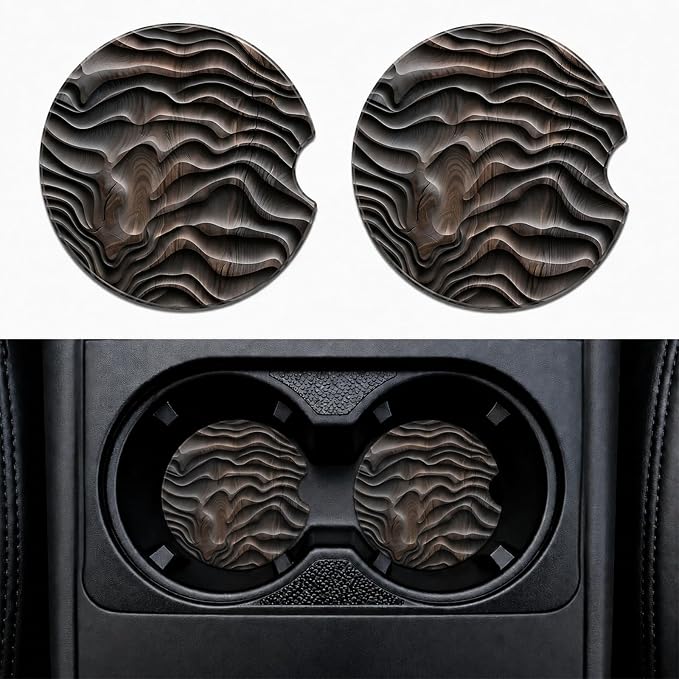 2Pack Car Cup Holder Coasters Absorbent Ceramic Coaster 2.56" for Women & Men Cute Car Accessories Wood Grain Black Gray