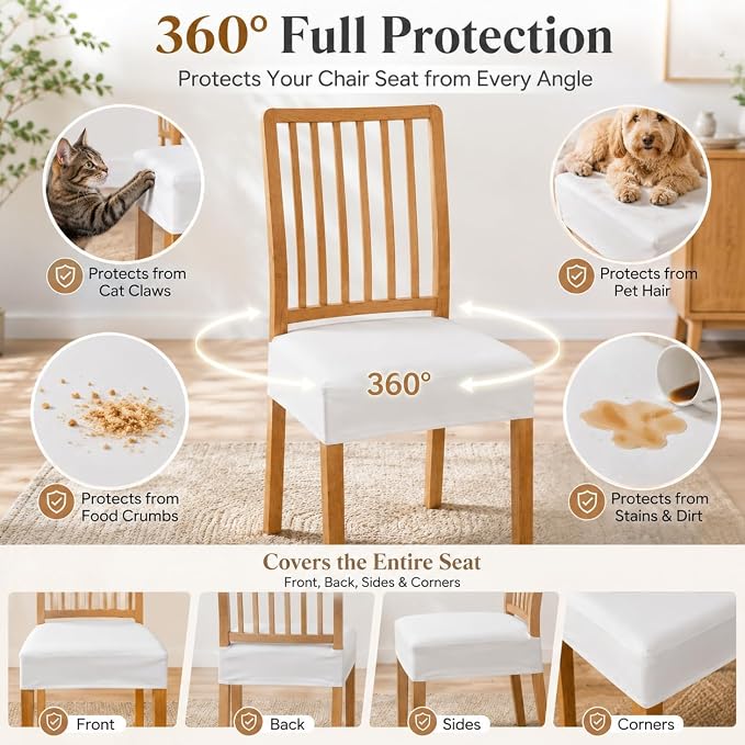 NILUOH Waterproof Seat Covers for Dining Room Chairs Set of 4, Pu Leather Chair Seat Slipcovers Dining Chair Cover Removable Washable Chair Protctor Cover, Rear Covers (PU-White)