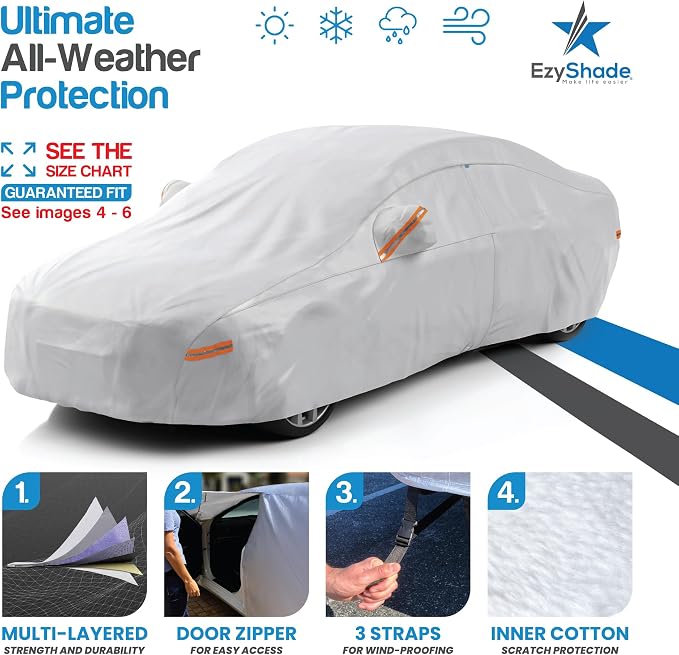 EzyShade Multi-Layer Car Cover Waterproof All Weather - See Vehicle Size-Chart - Outdoor Full Exterior Covers for Automobiles - Sedan Hatch SUV - Rain Snow Sun UV Protection. Size A6 (See SizeChart)