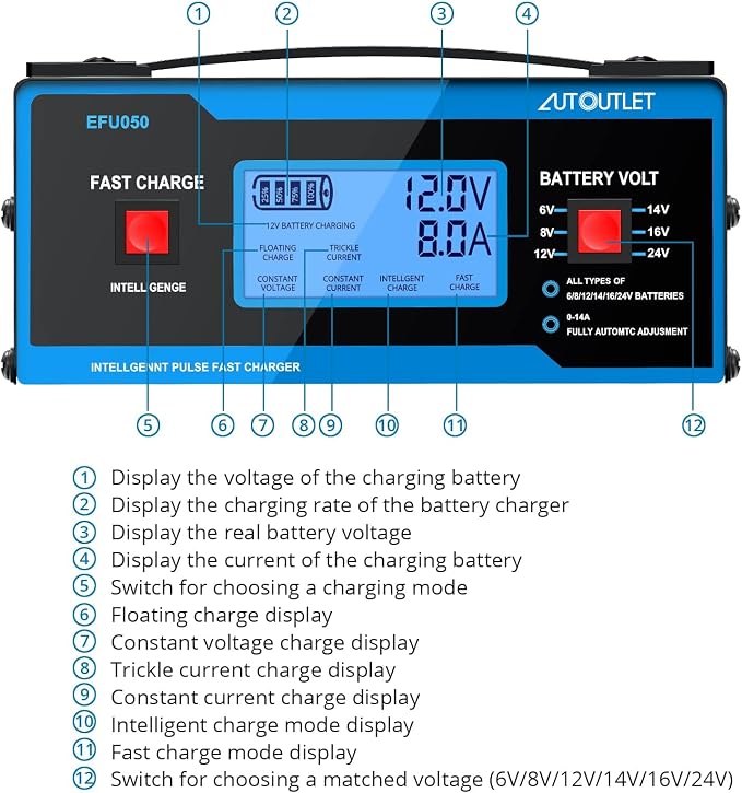AUTOUTLET Upgraded 8 Volt Battery Charger for Golf Cart Automotive Battery Charger and Maintainer 0-14A with Cable Clamps for 6/8/12/14/16/24V Lead-Acid Batteries