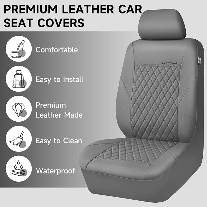 CAR PASS Quilting Faux Leather Seat Covers Full Set, Waterproof Deluxe PU Premium Auto Seat Cover, Breathable Seat Covers Universal Fit for Most Sedan SUV Van Small Truck, Airbag Compatible All Gray