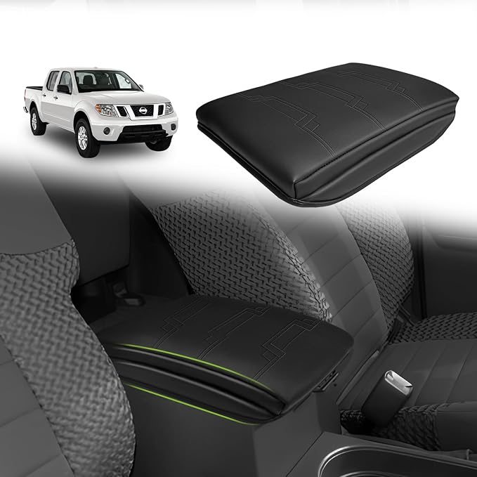 Muslogy Center Console Armrest Cover Fit for Nissan Frontier 2005-2021 & Xterra 2005-2015 Accessories, Comfort Armrest Pad Console Lid Cushion Vegan Leather 1-Inch Extra Thick