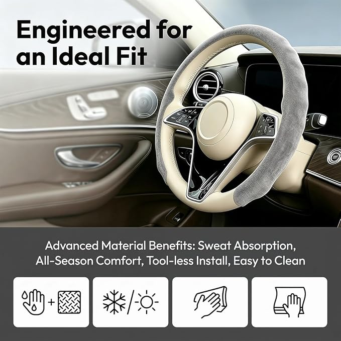 Mandark Car Steering Wheel Cover, Suede Sport Vehicle Steer Wheel Protector Fitting 15 Inch, Non-Slip Comfortable Automotive Interior Decoration Accessories, Universal Fit (Beige Gray)