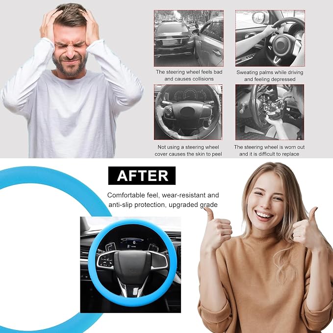 DXNQ Car Steering Wheel Cover, 13 to 14.17 inches Anti-Slip Silicone Steering Wheel Protector, Soft Flexible Shock-Absorbent Steering Wheel Protective Cover for Most Car Models (Blue)
