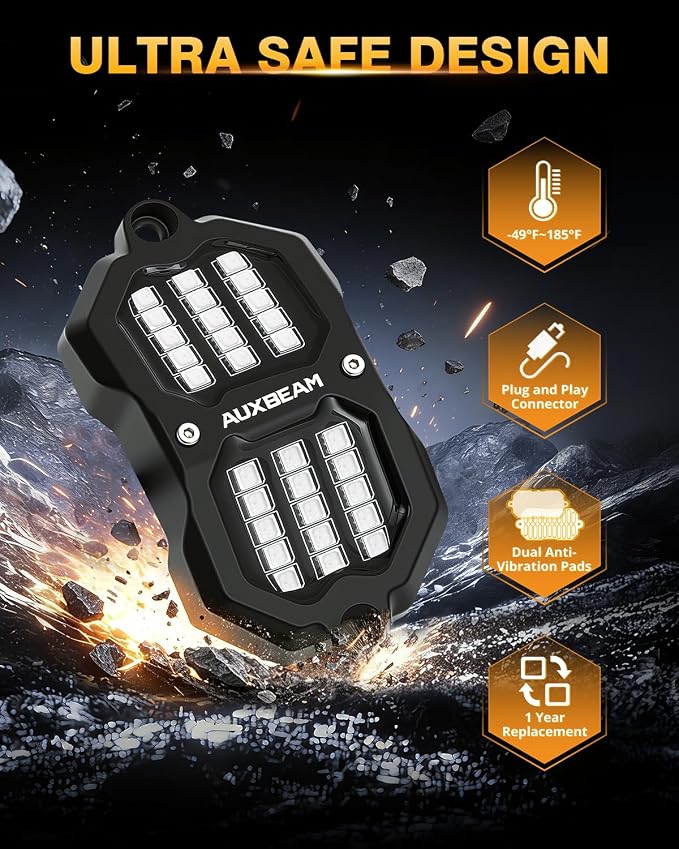 Auxbeam 8 Pods RGB LED Rock Lights with Brake Mode Wheel Well Lights w/Bluetooth APP+Remote Control Music Voice Sync Waterproof Dynamic Color Changing Underglow Kit for Trucks ATV Car 2 Year Warranty