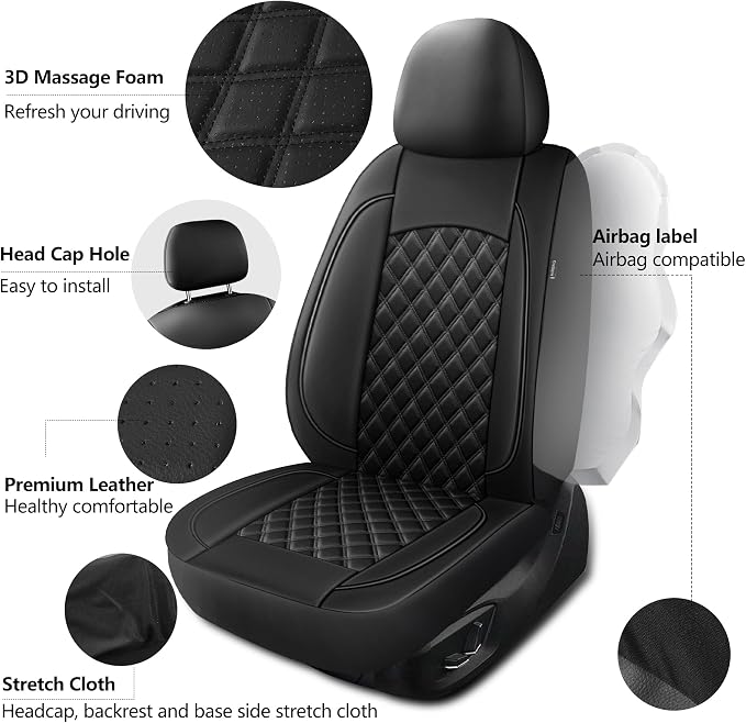 HChengkikz Front Car Seat Cover, Waterproof Nappa Leather (Black) | Breathable, Airbag compatible, Easy to Install, Universal Fit for Most Cars, Sedans, SUVs, Vans, Trucks