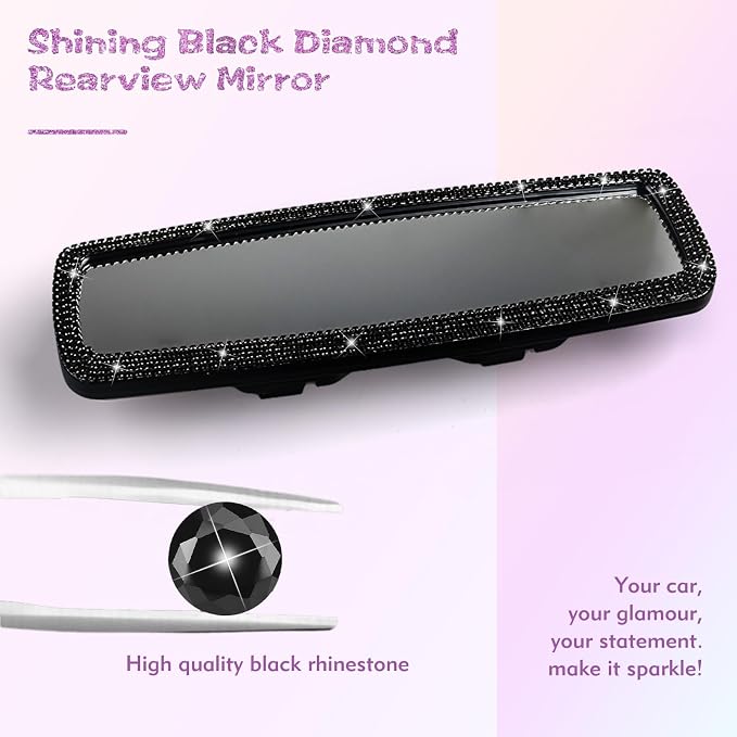 Bling Car Rear View Mirror, Rearview Accessories with Rhinestones Crystal Diamonds，Bling Car Accessories for Women (Black)