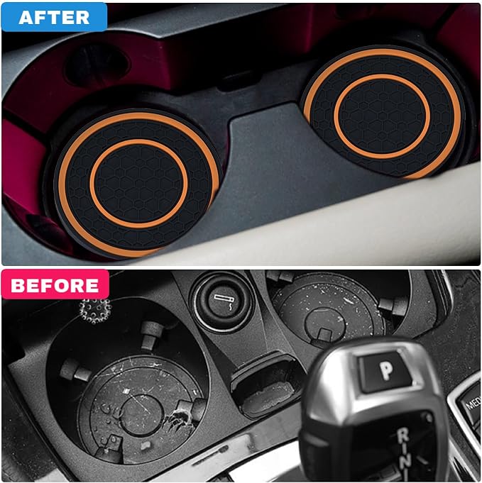 4 Pack Car Coasters for Cup Holder, 2.75 Inch Universal Auto Waterproof Coasters Silicon Insulation Cup Mats,No-Slip Anti Dust Insert Coaster for Woman Man, Suit for Vehicle Interior (Black/Orange)