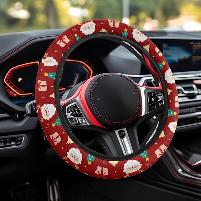 AFPANQZ Auto Steering Wheel Covers Anti-Slip Safety Stretch-on 14-15 inch | Santa Claus Red Print, Sweat Absorbing Non-slip, Steering Wheel Protection Case, Machine Washable Elastic Flexible