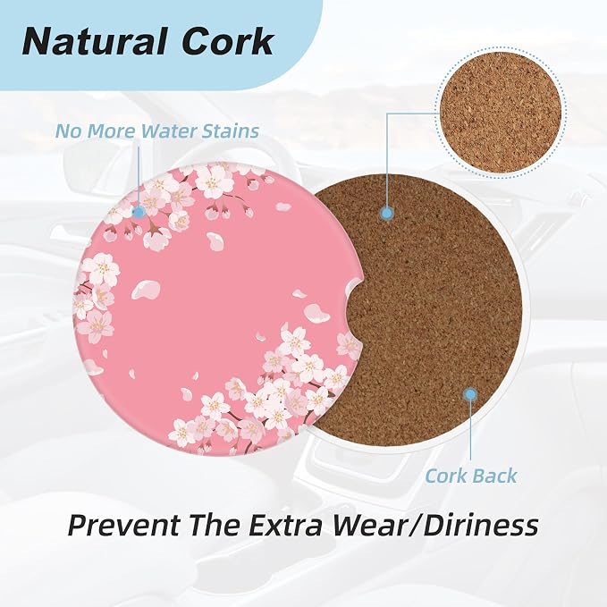 Pink Cherry Blossom Car Coasters for Cup Holders,2 Pack Car Cup Holder Coasters for Car,Ceramic Absorbent Car Coaster with A Finger Notch and Cork Base,Car Interior Accessories for Women Men