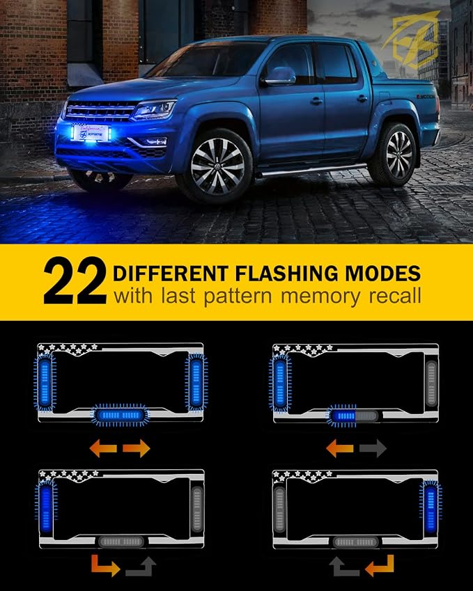 Xprite 36 LED License Plate Strobe Light, US Flag Front/Rear Utility Lights, 22 Modes Caution Frame for Construction Towing Snow Plow Pickup Work Trucks Cars - Blue (w/Pre-Installed 9FT Cable)