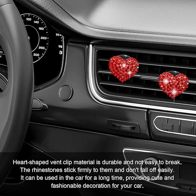 2Pcs Car Air Vent Clip, Bling Crystal Heart Charms Car Air Vent Clips, Air Conditioning Outlet Clip Decorative, Interior Decoration Accessories Universal for Women and Man (Red)