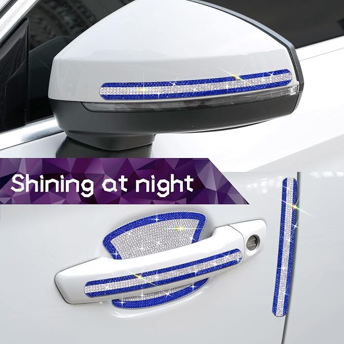 10PCS Car Door Handle Bling Rhinestones Stickers, Blue & Sliver | Universal Auto Door Handle Safety Reflective Strips, Cute Car Decor