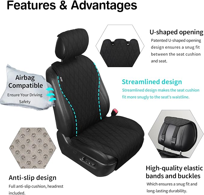 Leader Accessories 2pcs Sideless Front Seat Covers for All Seasons, Black | Breathable Faux Linen Seat Cushions, Non-Slip Bottom With Headrest Protectors, Universal Fit For Car Van SUV Pickup Truck