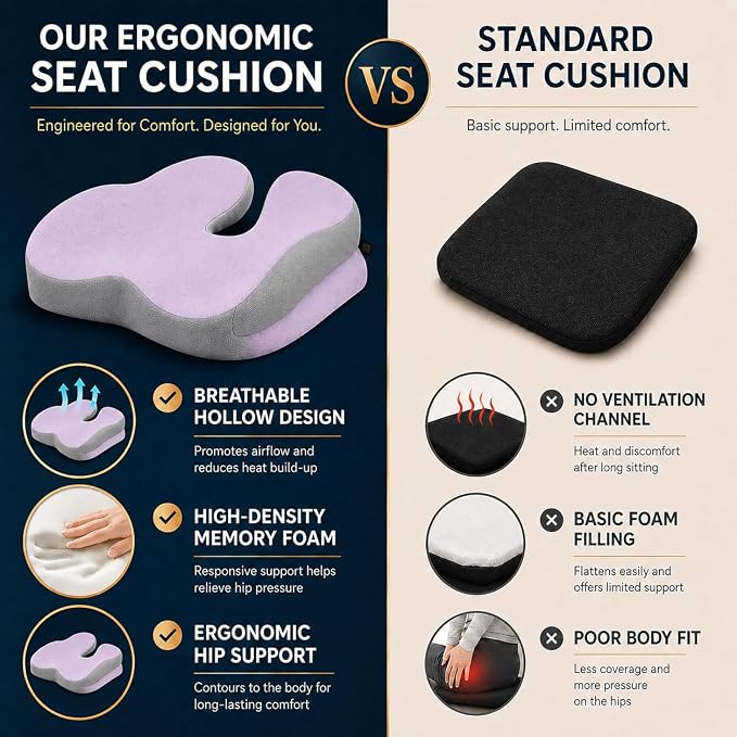 Seat Cushions for Office Chairs Wheelchair Cushion for Long Sitting Back Pain，Memory Foam Seat Car Computer Desk Chair Cushion，Coccyx Cushion for Tailbone Pain Relief Office Chair Butt Pillow Purple | Suitable for prolonged sitting, relieves tailbone p...