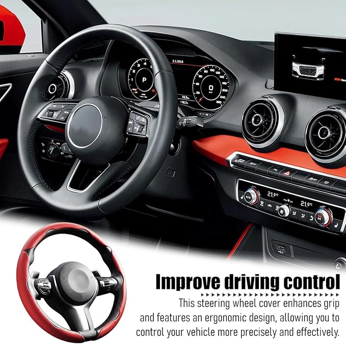 3PCS Car Steering Wheel Cover, 14.5-15" Breathable Nappa Leather Segmented Steering Wheel Protector with Non-Slip Grip, Stylish Auto Interior Decor Accessories, Universal for Vehicles (Red)