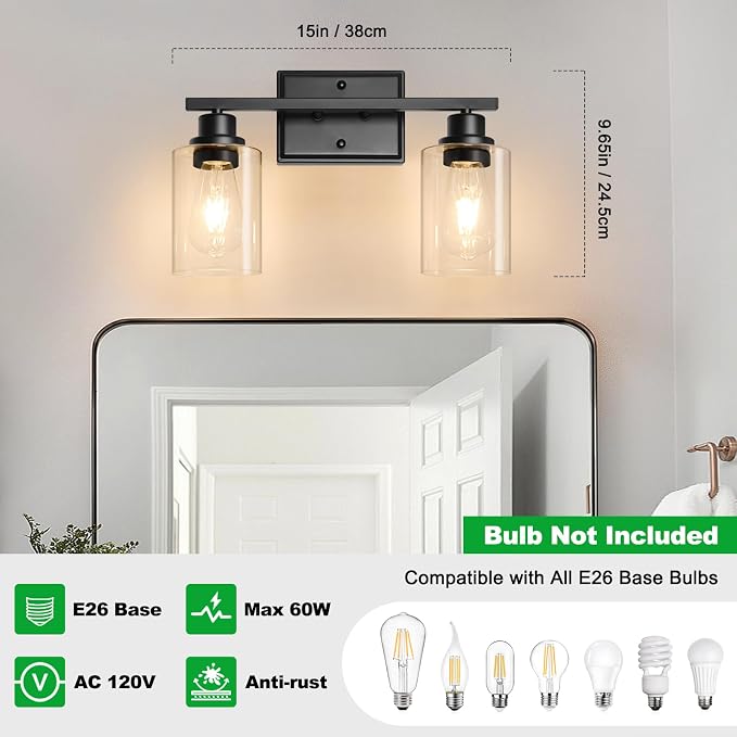 Unicozin 2 Light Bathroom Light Fixtures, Modern Vanity Lights Over Mirror, Black Wall Lamp with Clear Glass for Living Room Cabinet Bedroom Porch