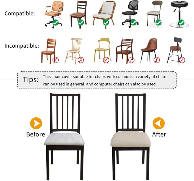 Fuloon Waterproof Chair Seat Covers 6 PCS, Stretch Cushion Covers Washable Dining Room Seat Slipcover Removable Kitchen Chair Protector (6, Cream)