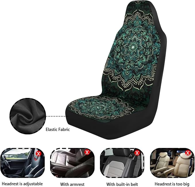Boho Front Seat Covers for Cars, Set of 2 Green Mandala Bucket Seat Covers, Soft Breathable Polyester Seat Protectors for SUV, Truck and Sedan