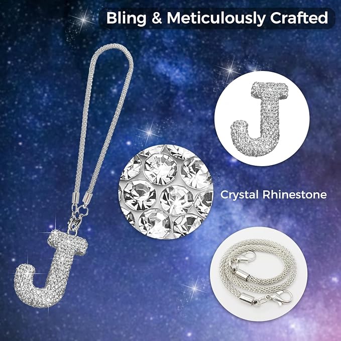 Bling Car Accessories for Women Letter Charm, Rear View Mirror Ornament Cute Hanging Crystal Pendant Girl Car Decorations, Lucky Diamond Rhinestone Girly Charm Interior (White J)