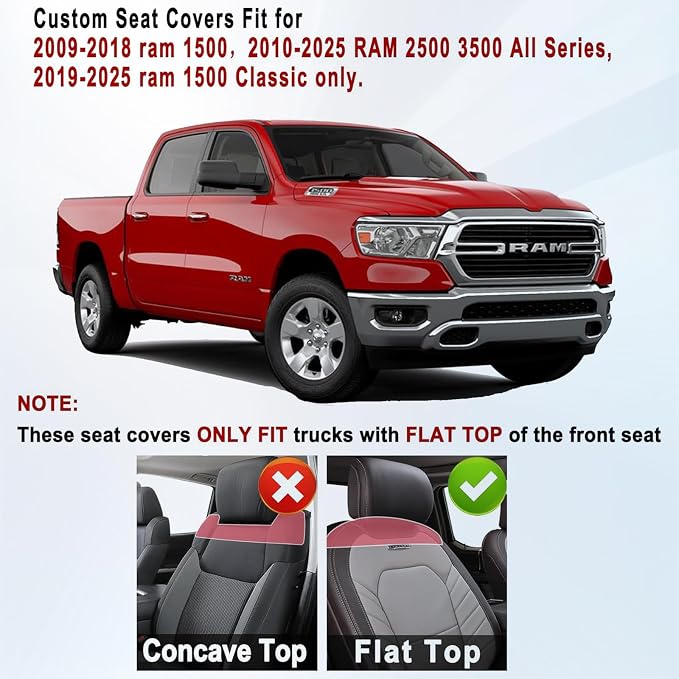 Huidasource Dodge Ram Front Seat Covers, Waterproof Leather Pickup Truck Seat Cover Fit for 2009-2018 ram 1500, 2010-2025 2500/3500 Crew/Mega Cab, 2019-2025 ram 1500 Classic Only(Flat Front/Black)