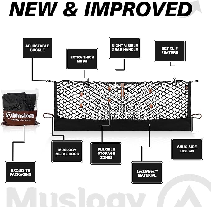 Muslogy Truck Bed Cargo Net Trunk Netting Compatible with Toyota RAV4 2019-2024 2025 Accessories, Pickup Cargo Organizer SUV Sedan Storage Net w/Heavy Duty Carabiners