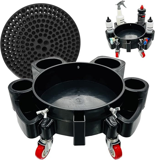 Car Wash Bucket Dolly, 5 Gallon Bucket Grit Trap, Removable Rolling Bucket Dolly with Side Organizer for Storing Spray Bottles and Detailing Kits, Suitable for Workshop Car Washing