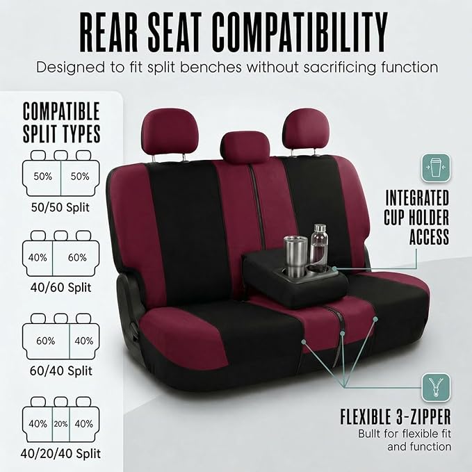FH Group Car Seat Covers Full Set Cloth,Universal Fit combo,Washable Automotive Seat Covers,Low Back Front Seat Covers,Airbag Compatible,Split Bench Rear Seat for SUV,Sedan,Van Burgundy