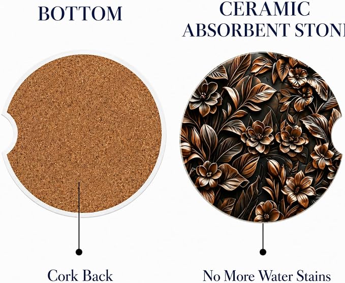 2Pack Car Cup Holder Coasters Absorbent Ceramic Coaster 2.56" for Women & Men Auto Accessories (Ceramic Classical Copper Color)