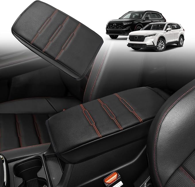 Muslogy Center Console Armrest Cover Fit for Honda CR-V & CRV Hybrid 2023-2026 2026 Accessories, Comfort Armrest Pad Console Lid Cushion Vegan Leather Regular Thick(Black/Orange Trim)