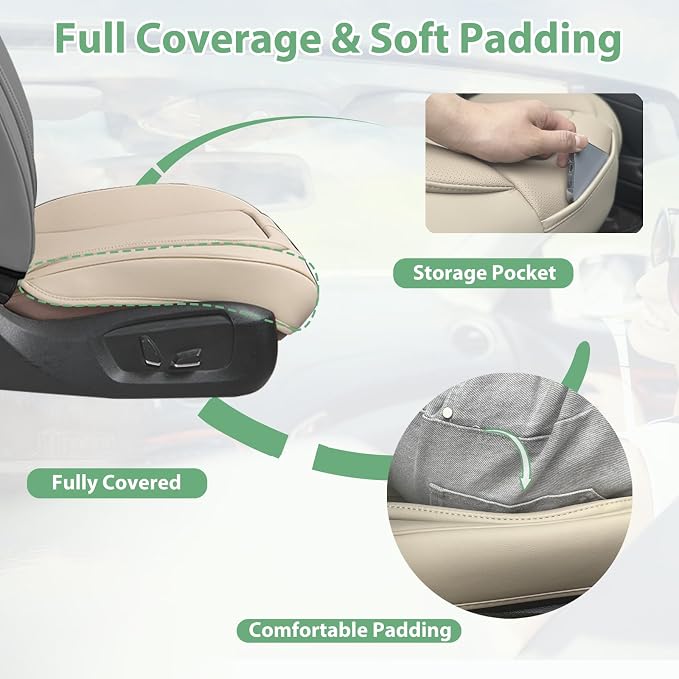 2 Pack Leather Front Car Seat Cover Bottom Only, Anti-slip Padded Seat Cushion, Full Wrap Seat Protector with Storage Function Universal Fit for Most Cars, SUV, Pick-up Trucks (Light Beige)
