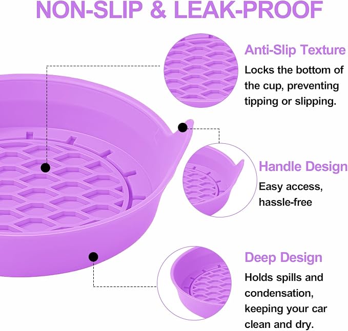 4 Pack Car Cup Holder Coaster, 3.15 Inch Non-Slip Silicone, Purple | Cup holder insert, spill proof ,raised lip, honeycomb base, rinse clean, fits most sedans suvs trucks, automotive accessories