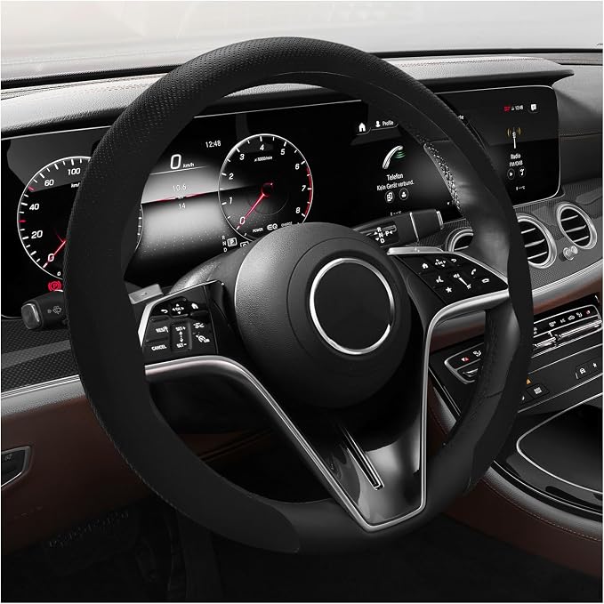 Steering Wheel Cover, 15 Inch Anti-Slip Breathable Steering Wheel Protector Auto Interior Decor, Heat-Resistant Comfort Grip Wheel Cover Universal for Most Cars Trucks SUVs (Black)