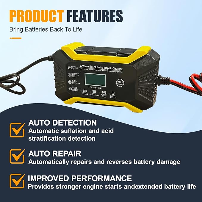 Car Battery Charger, 12V 6A Automatic Smart Battery Trickle Charger with LCD Display, Battery Maintainer Desulfator with Temperature Compensation, Universal for Car, Truck, SUV RV, Boat