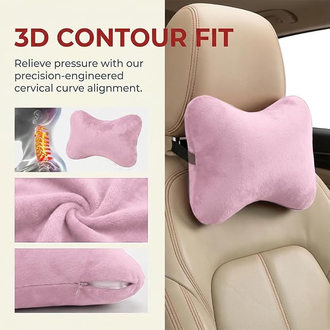 2PCS Car Neck Pillow, Soft Comfortable Vehicle Seat Neck Support Pillow Cushion for Relief Driving Fatigue, Breathable Auto Interior Headrest Neck Rest Pad, Universal for Vehicles (Pink)