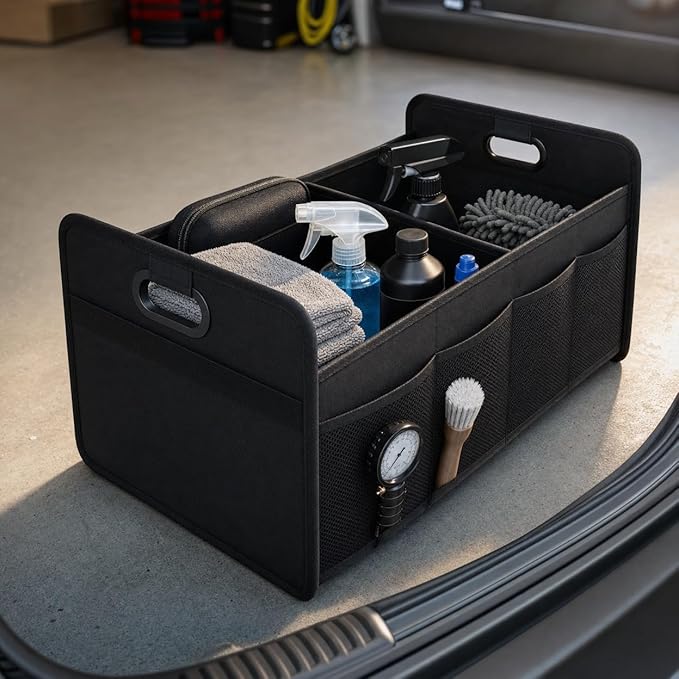 Car Trunk Organizer Foldable Waterproof Storage Caddy with Handles, Collapsible Auto Organizer for SUV, Truck, Van, Black