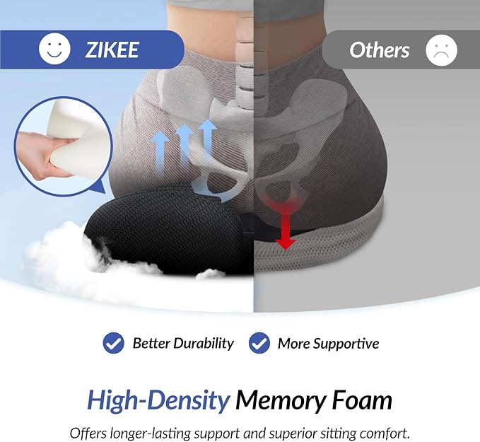 ZIKEE Ergonomic Seat Cushion with Thigh Slope for Long Sitting Comfort | Memory Foam Office Chair Cushion for Car, Home, U-Shaped Design Relieves Hip, Tailbone Pain, Sciatica Pain Relief, Non-Slip