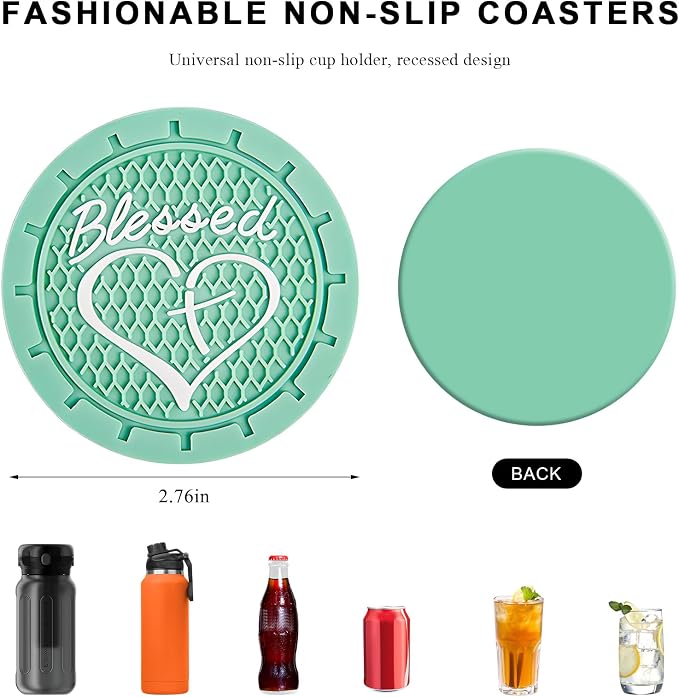2 PCS Car Cup Holder Coaster, 2.76 Inch Soft PVC Non-Slip Blessed Cross and Heart Christian Car Cup Coasters, Auto Interior Shockproof Insert Drink Mat for Most Vehicles (Green)