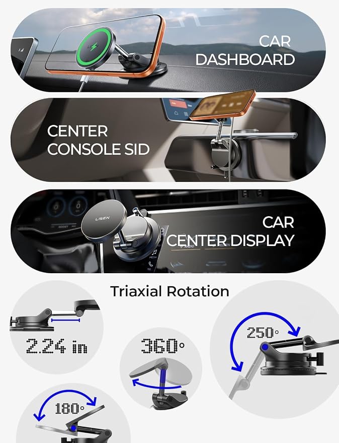 LISEN for 15W Magsafe Car Mount Charger, [Carbon Fiber] 360° Magnetic Wireless Car Charger, Suction Car Phone Mount for Car Accessories for Men, Car Phone Holder for iPhone 17 Pro Max 16 15 14 13 12