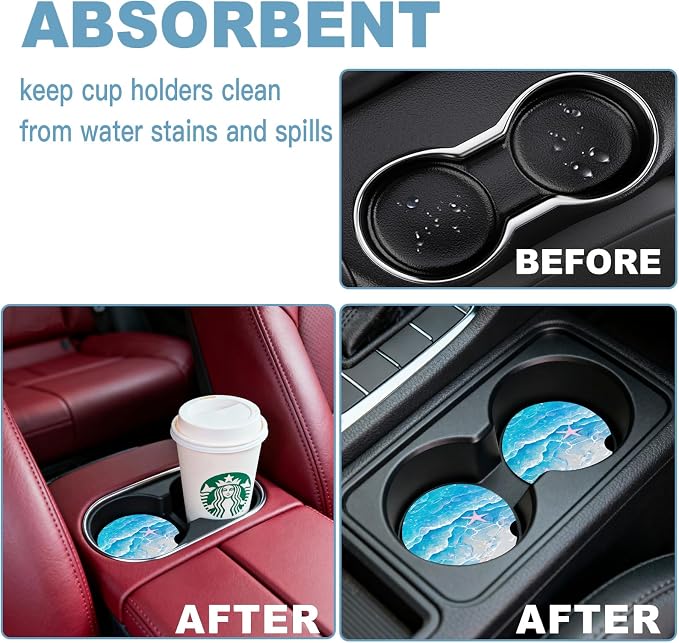 Car Cup Holder Coaster Set of 2, 2.56 in Ceramic Coasters, Scratch-Resistant Cork Backing, Finger Groove Design for Easy Placement, Cute Car Accessories Interior for Women (Blue Starfish)