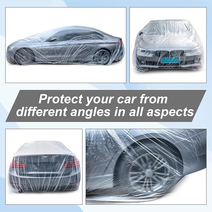 BBTO 1 Pack Universal Plastic Car Cover with Elastic Band Disposable Clear Car Covers Bulk 12.5 x 21.6 ft Waterproof Dustproof Full Exterior Protector for Sedan Outdoor Snow Rain Weather