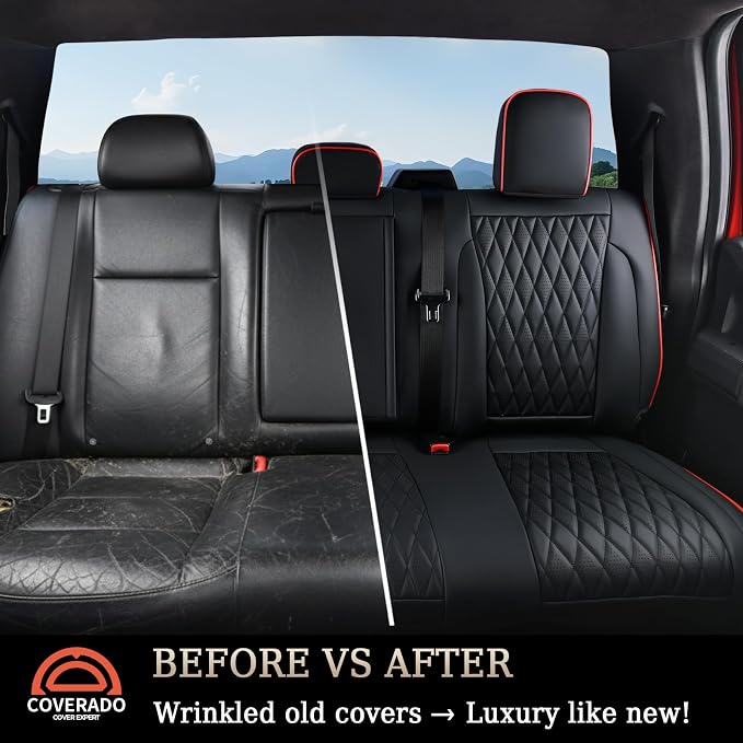 Coverado Leather Rear Seat Covers Fit for Ford F150 F250 F350 F450, Waterproof Ford Truck Rear Seat Covers Fit for 2015-2026 F150 & 2017-2026 F250 F350 F450 (Redline)