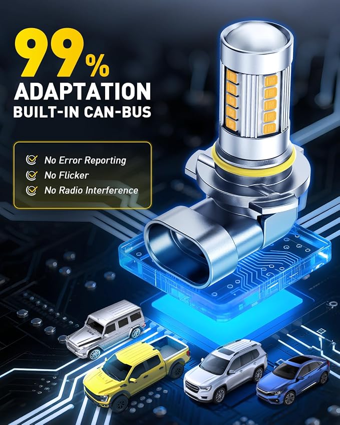 AUXITO 9006/HB4 Yellow LED Fog Light Bulbs, 13000LM 3000K Amber, 1:1 Mini Size Plug & Play, 27 CSP Chips 360° Illumination, IP68 Waterproof, Pack of 2