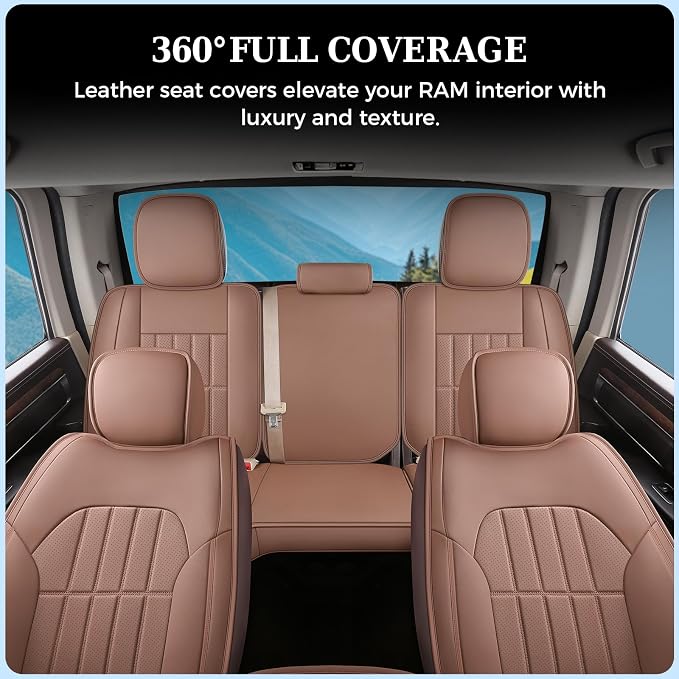 Truckiipa Leather Seat Covers Truck Full Set, Dodge Ram Seat Covers Full Coverage Protector Pickup Trucks Accessories, Custom Fit for 2002-2018 Ram 1500,2002-2025 Ram 2500 3500 Crew Mega Cab, Brown