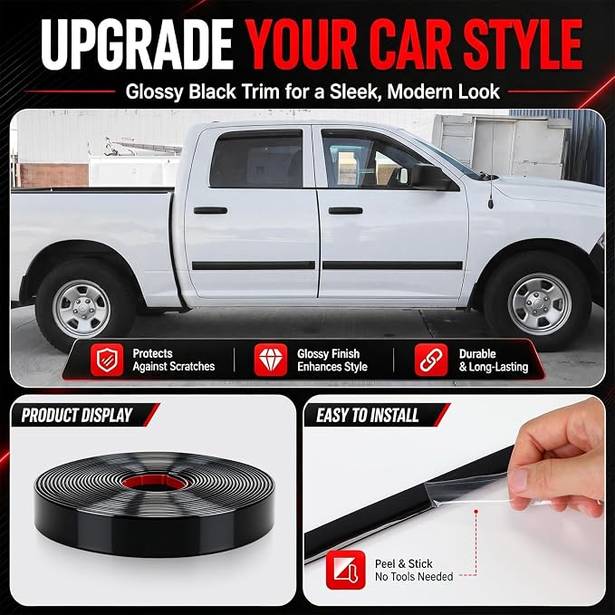 Pangda Glossy Black Body Side Molding Trim 1 Inch Wide Universal Car Bumper Door Edge Protector 25 Feet Self Adhesive Automotive Guard for Trucks SUVs Marine Crafts and DIY Home Furniture Accents