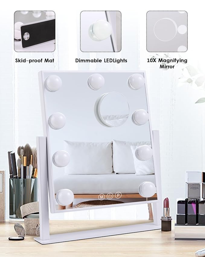 BWLLNI Lighted Makeup Mirror Hollywood Mirror Vanity Mirror with Lights, Touch Control Design 3 Colors Dimable LED Bulbs, Detachable 10X Magnification, 360°Rotation, (White) 12" L x 14" W