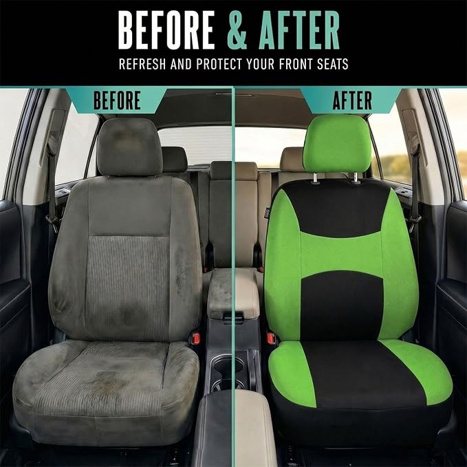 Automotive Seat Covers Green Universal Fit Combo Set with Steering Wheel Cover and Seat Belt Pad fits most Cars, SUVs, and Trucks (Airbag Compatible and Split Bench) FH Group FB030GREEN-COMBO