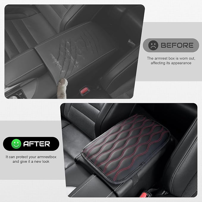 Amiss Car Center Console Cover, Upgraded Leather Car Armrest Cushion, Universal Waterproof Cushion Pad, Non-Slip Car Interior Accessories, Fits Most Sedans SUVs Trucks (Red Line)