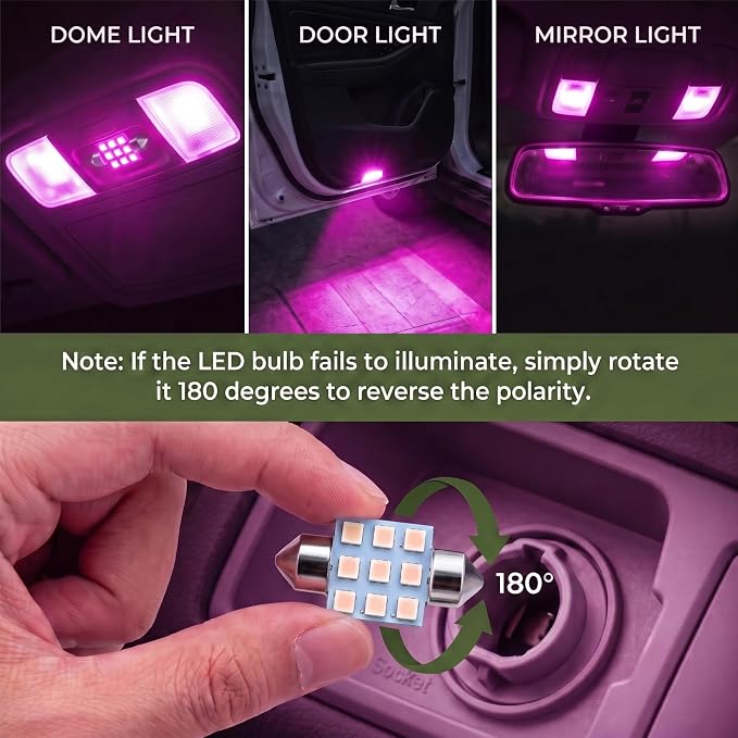 24 PCS LED Car Interior Bulb Kit, Dome Light Fits 194 T10 DE3175 578 31mm 42mm Size Replacement for Map License Plate Door Side Marker Cornering Trunk Lights (Pink Purple)